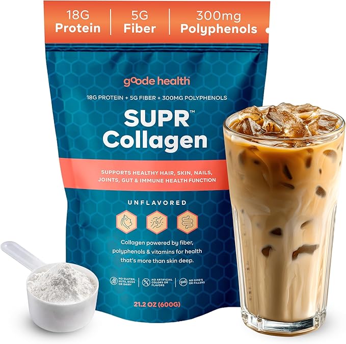 Goode Health SUPR™ Collagen Powder Unflavored - Type I &amp III Hydrolyzed Collagen Peptides with Fiber &amp Polyphenols - Daily Nutrition Support for Gut Skin &amp Hair - No Sugar - 25 Servings
