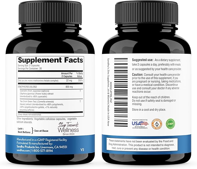 Sandhu's Zinc Supplement with Ionophores with Superior Absorption &amp Quercetin with Bromelain 1000mg Per Serving Bioflavonoids Supplement Complex| Supports Immune &amp Respiratory Health
