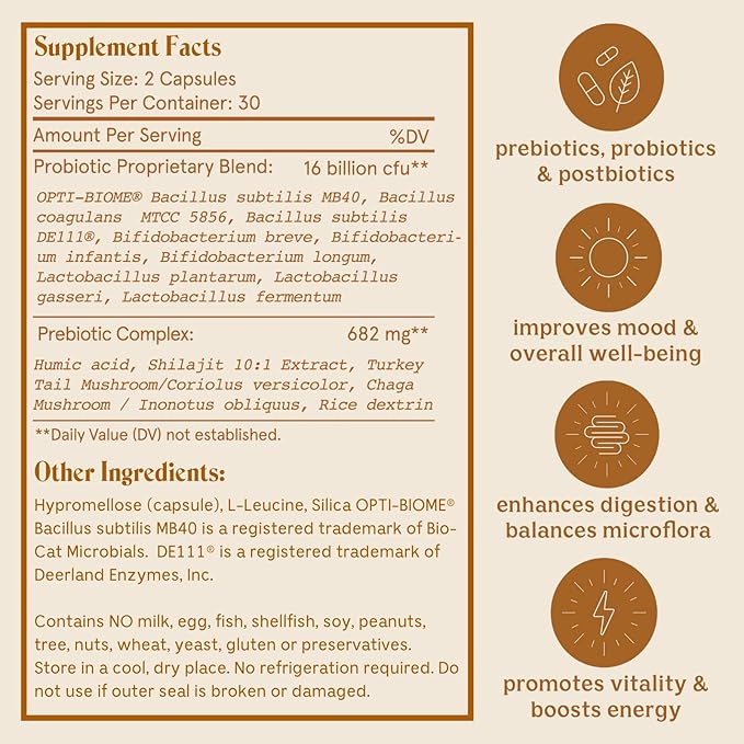 Feel Good SBO Probiotics — Soil Based Organisms (SBOs) Prebiotics Postbiotics Humic Acid Shilajit Chaga &amp Turkey Tail Mushroom for Digestion — Solluna by Kimberly Snyder (60CT) Vegan &amp No