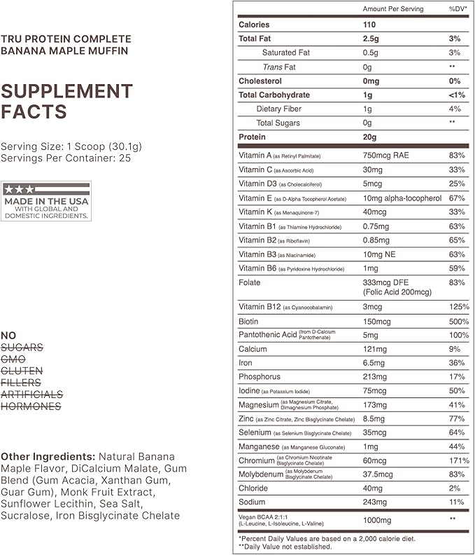 TRU Supplements Plant Based Protein Powder BCAA EAA 20g Vegan Brown Rice &amp Pea Protein 100 Calories 27 Vitamins No Artificial Flavors 25 Servings (Banana Maple Muffin)