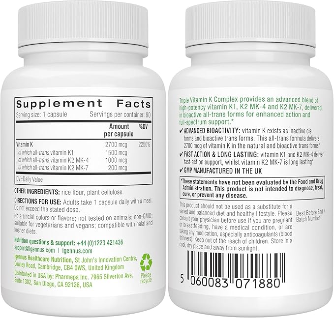 Igennus Daily Vitamin D3 + High Strength Triple Vitamin K Complex 2000iu Cholecalciferol + 2700mcg Advanced Bioactive Vitamin K1 &amp K2 (MK-4 &amp MK-7)