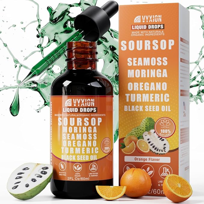 Soursop Bitters Liquid Drops 10 in 1 with Sea Moss Moringa Turmeric Black Seed Oil Oregano Ashwagandha | Herbal Extracts for Overall Health-Enhancing | Vegan Non-GMO | 2 Fl Oz (Orange flavor)
