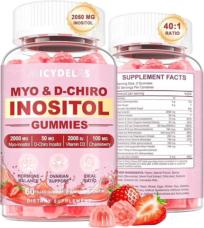 Myo-Inositol &amp D-Chiro Inositol Gummies Supplement for Women 2000mg + 50mg Ideal 40:1 Ratio with Magnesium and Vitamin D3 for Female Hormone Balance &amp Wellness Vegan Gelatin-Free 60 Gummies