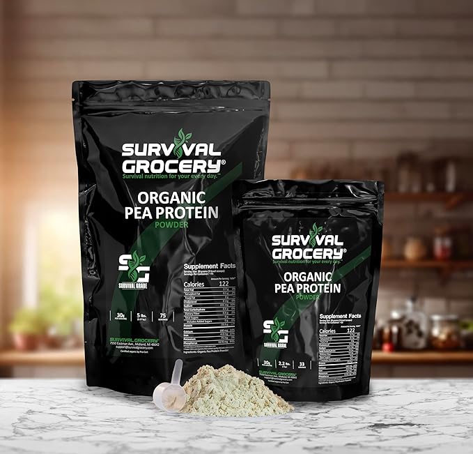 Survival Grocery® Organic Pea Protein - Organic Non-GMO North American Grown &amp Produced Gluten Free Vegan Survival Grade Protective Bulk Bags with Long Shelf Life (10 lbs./2 Bags.)