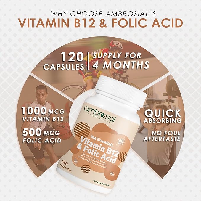 AMBROSIAL Vitamin B12 1000 mcg + 500 mcg Folic Acid Pack of 1-120 Capsules