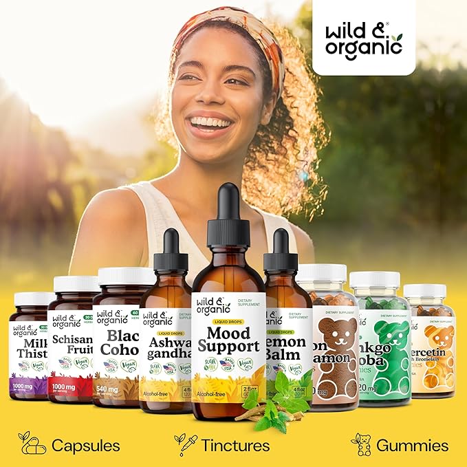 Wild &amp Organic Mood Support Drops - Good Mood Supplements w/Ashwagandha Root &amp Rhodiola Rosea - Natural Liquid Drops for Positive Energy - Calm and Relax Supplements for Women and Men - 2 oz
