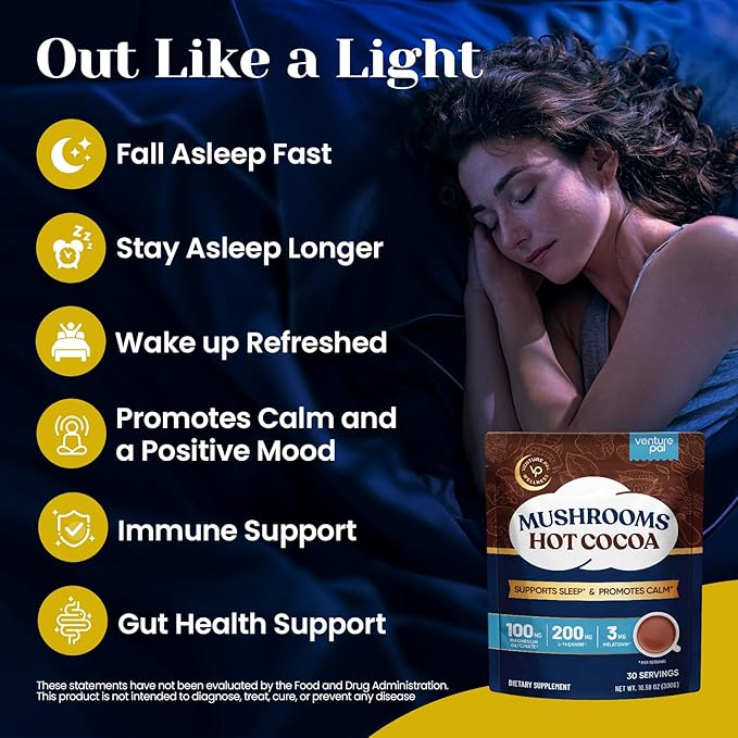 Venture Pal Hot Cocoa with Mushrooms Sleep Support Formula with Melatonin 3mg Reishi Magnesium Glycinate Sugar Free 30 Servings