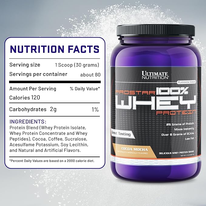 Ultimate Nutrition Prostar Whey Protein Powder Isolate Gourmet Cocoa Mocha - Low Carb High Protein Powder Shake for Muscle Gain &amp Recovery - Low Sodium Low-Fat &amp Keto Friendly - 2 lbs Tub