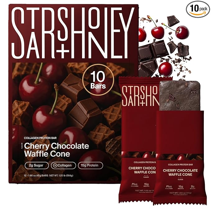 Stars + Honey Protein Bars Cherry Chocolate Waffle Cone 15g Protein 2g Sugar with Collagen Peptides Dairy Free Soy &amp Gluten Free Snacks Keto Friendly No Seed Oils or Sugar Alcohols 10 Pac