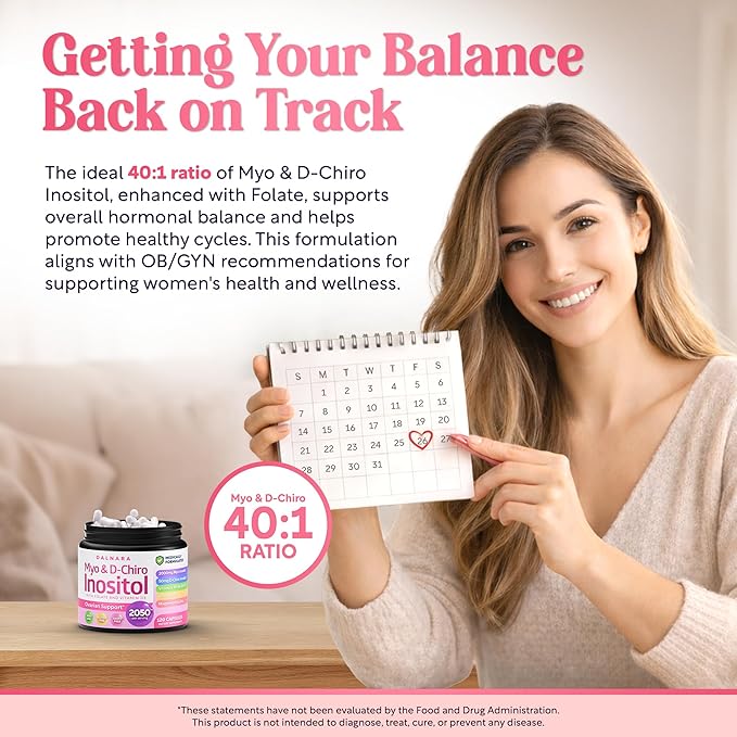 Myo-Inositol &amp D-Chiro Inositol Supplement for Women - 40:1 Ratio Inositol Capsules with Folate Vitamin D3 Magnesium &amp Zinc - Ovarian Support Inositol Multivitamin - 2050mg 120 Count