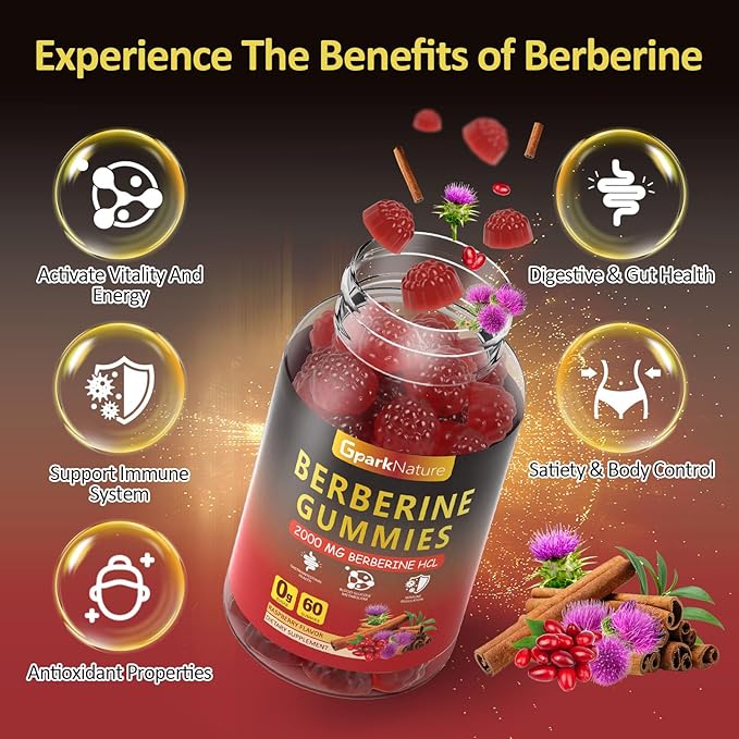 Berberine Gummies 2000 mg Berberine Supplement with Ceylon Cinnamon Turmeric Milk Thistle Magnesium Chromium for Immune Support Sugar Free Vegan Raspberry Flavor 120 Count-2 Pack