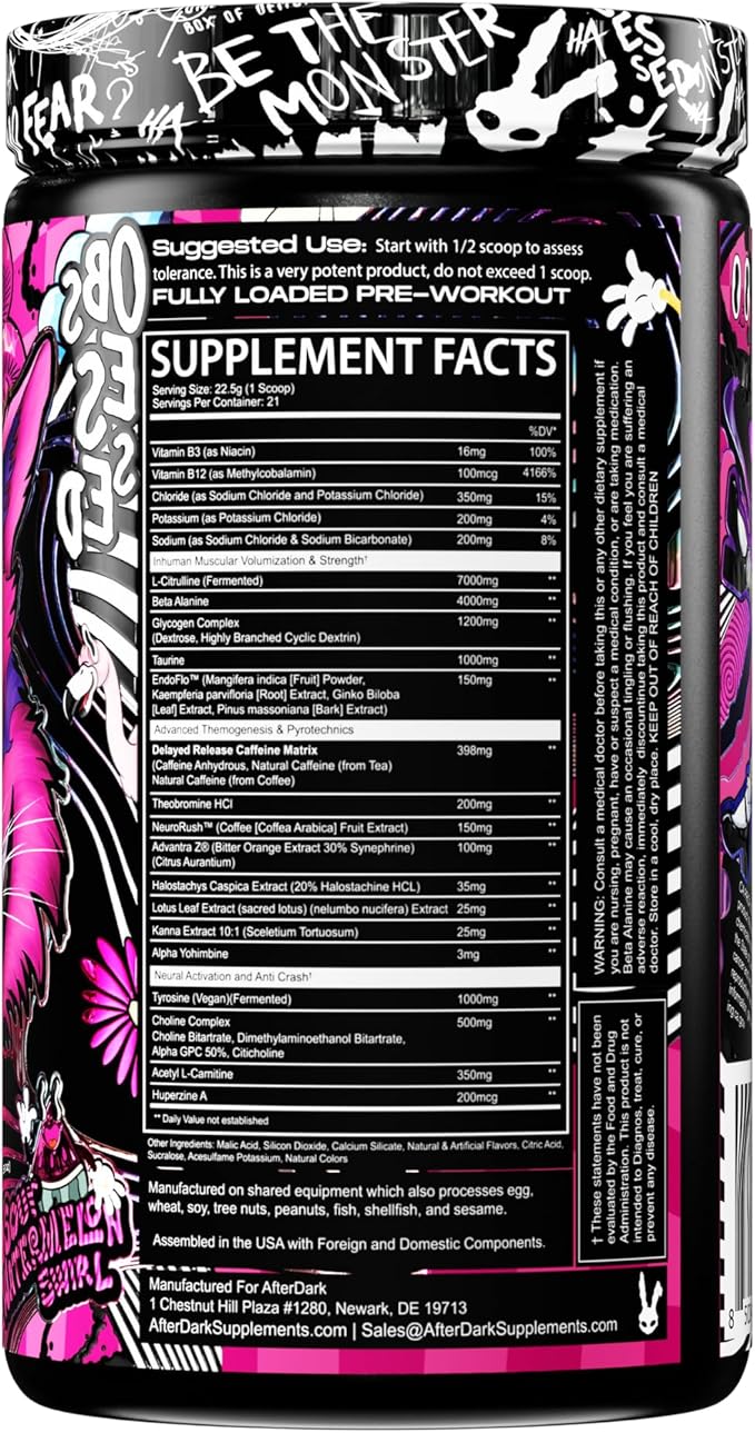 AFTERDARK INHUMAN Void Pre-Workout Powder Enhanced Mind-Muscle Connection Sustained Energy Potent Nootropic Blend Vegan Gluten-Free Soy-Free 400mg Caffeine No Crash Sour Watermelon Swirl