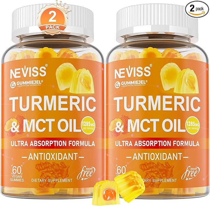 Turmeric Gummies 1000mg w/MCT Oil C8 C10 Organic Antioxidant Turmeric Curcumin Supplement with Black Pepper Extract Support Comfort Boost Energy Ultra Absorption Sugar Free 120Cts