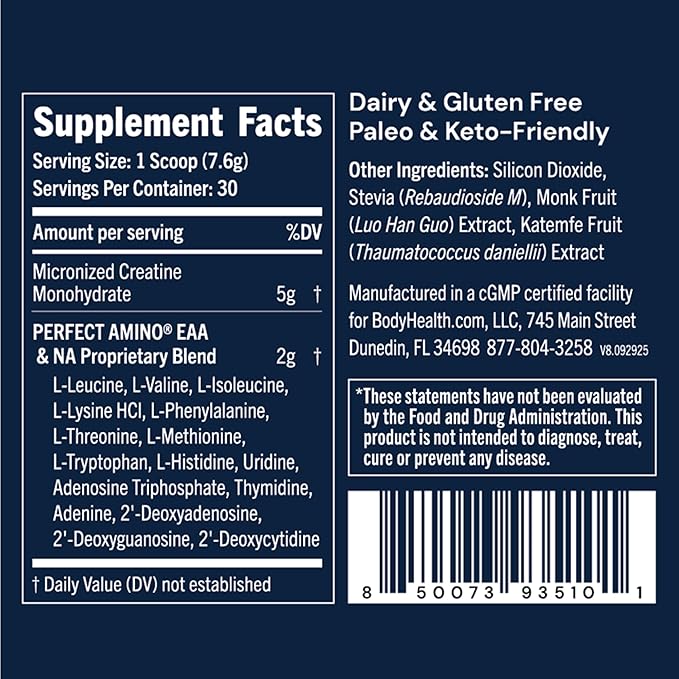 BodyHealth Creatine Monohydrate Powder – Vegan Pre Workout Supplement with PerfectAmino BCAAs &amp EAAs – Keto-Friendly Muscle Recovery &amp Energy Support – 5g Creatine per Serving.
