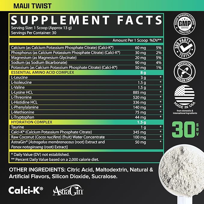 Nutrex Research EAA Hydration | EAAs + BCAAs Powder | Muscle Recovery Strength Muscle Building Endurance | 8G Essential Amino Acids + Electrolytes | Maui Twist Flavor 30 Serving