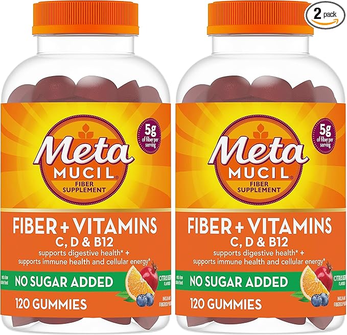 Metamucil Fiber Gummies for Adults with Vitamins CDB12 for MetabolismNo Sugar Added Citrus Berry Flavor5g Plant Based Prebiotic Fiber Supplement Blend120 Count (Pack of 2)