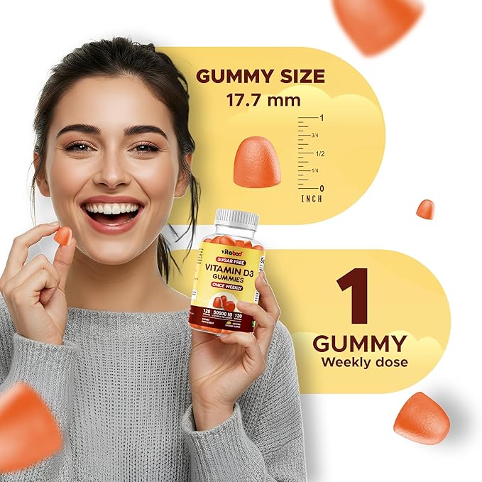 Sugar-Free Vitamin D3 50000 IU Weekly Gummies – 120 Count Bone Teeth and Immune Support – Non-GMO Easy-to-Chew Supplement