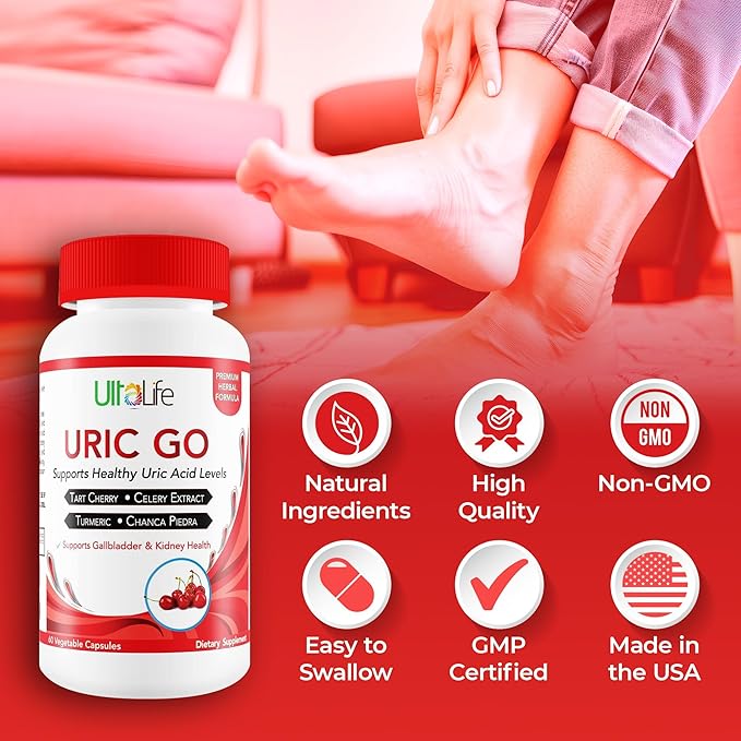 #1 URIC GO Uric Acid Cleanse Support Supplement for G.O.U.T - Natural Kidney Cleanse Detox Formula Chanca Piedra Celery Seed Tart Cherry Cranberry Pomegranate Turmeric Vegan Non-GMO 60 Capsules