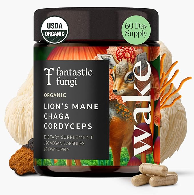 Fantastic Fungi Lions Mane Mushroom Cordyceps Mushroom &amp Chaga Supplement - Focus Energy &amp Brain Support Adaptogenic Capsules - 100% USDA Organic Complex Vegan 120 Capsules (2-Month Supply