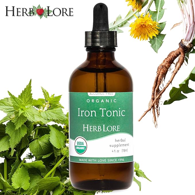 Herb Lore Iron Tonic - Organic Liquid Iron Drops Supplement for Kids &amp Women - Baby Infant &amp Toddler Friendly - Plant Based Vegan Gentle Non Constipating Herbal Tincture (4 fl oz)