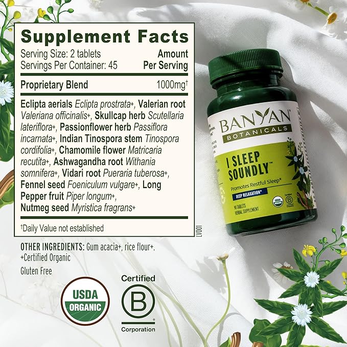 Banyan Botanicals I Sleep Soundly–Organic Deep Sleep Supplement –Natural Melatonin-Free Sleep Aid for Relaxation &amp Nighttime Tension–with AshwagandhaValerian &amp Chamomile-90 Tablets-USDA Organ