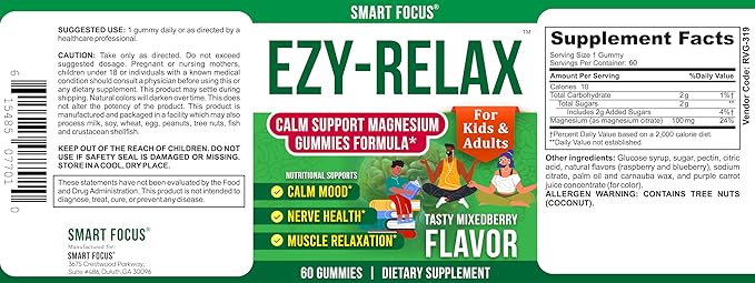 Ezy-Relax Magnesium Gummies for Kids Teen Vitamins – Magnesium Supplements for Men and Women – Calm Gummies for Relax Support – Kids Magnesium Childrens Vitamins – 60 Count