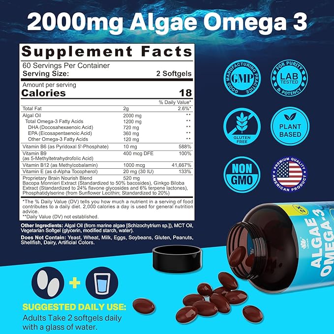 GABA Supplement +Vegan Omega-3 Algae Oil