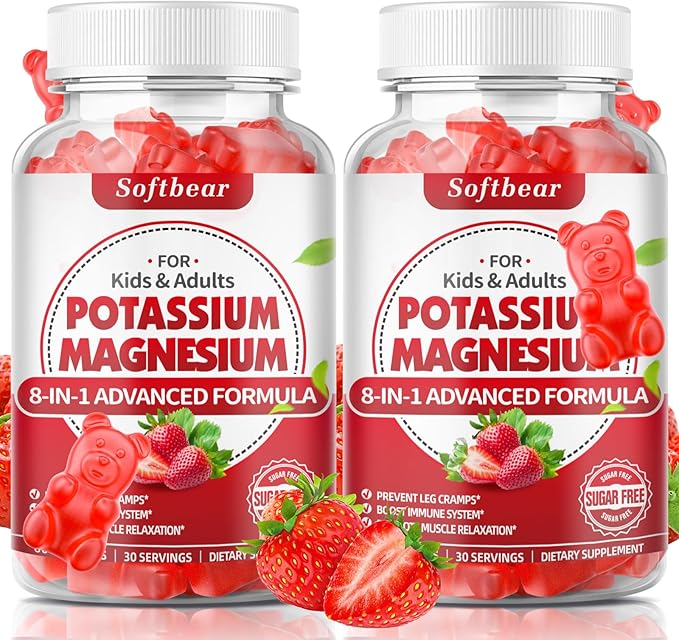 softbear Potassium Gummies for Adults High Absorption Magnesium Potassium Supplement with Vitamin B6 for Leg Cramps &amp Muscle Health Sugar-Free Vegan Strawberry 120 Gummies