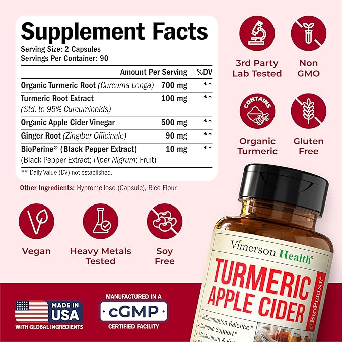 Organic Apple Cider Vinegar with Turmeric Curcumin Supplement &amp Ginger for Digestive Health Metabolism Energy &amp Joint Support – Organic Turmeric &amp Apple Cider Vinegar Capsules – 180 Vega