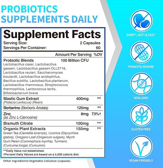 H Pylori Defense Supplements: Stomach Comfort Probiotics 100 Billion CFU with Lactobacillus Reuteri Mastic Gum Berberine for Digestive &amp Gut Health Vegan 120 Capsules