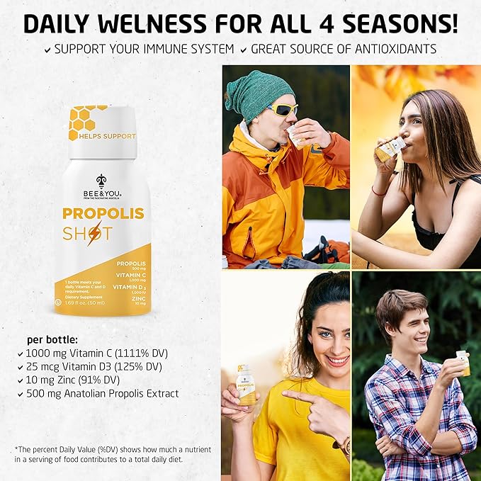 Bee and You Propolis Shot and Kids Shot Bundle Natural Propolis Shot Supplement Antioxidants Vitamin C VIT D3 Zinc Orange Juice Raw Honey 2 * 12 Bottles