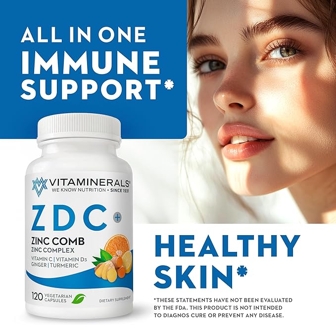 Vitaminerals® Z D C Zinc Complex 50mg | Vitamin D3 250mcg | Vitamin C 500mg | Ginger | Lysine | Turmeric | Vegetarian Capsules| 120 Servings