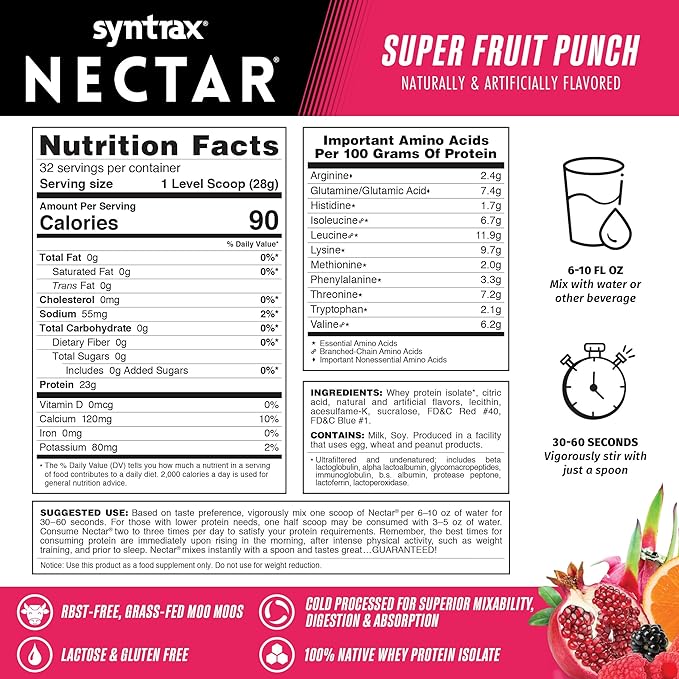 Syntrax Nutrition Nectar 100% Whey Protein Isolate Powder Refreshing Fruit Juice Flavor Super Fruit Punch 2 lbs