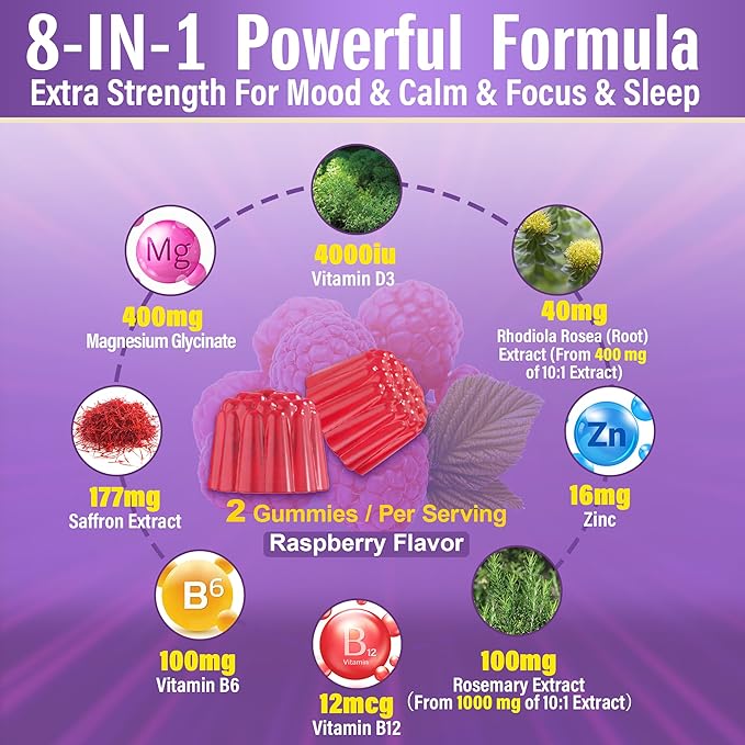 2Pack Saffron Supplements Gummies + 2Pack Vegan Vitamin D3 5000IU K2 Gummies Whole Food Blend Coconut Oil Magnesium