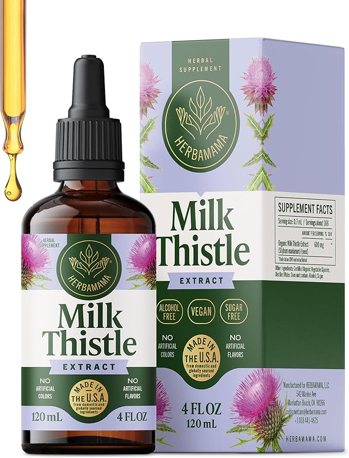 HERBAMAMA Milk Thistle Supplement - Vegan Liver Support with Milk Thistle Extract Tincture - Non-GMO Alcohol &amp Sugar-Free Liquid Silymarin Liver Detox Drops 56-Day Supply