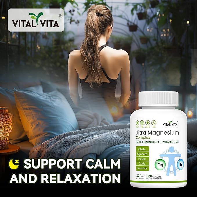 (420mg) Ultra Magnesium Complex 5-in-1 Magnesium Plus Vitamin B-6 Supplement for Nerve Heart Muscle Health &amp Relaxation* Maximum Bioavailability &amp Absorption Gluten Free 120 Capsules