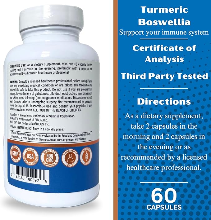 Turmeric &amp Boswellia Supplement - Turmeric Curcumin with Bioperine Black Pepper Extract - 60 Ct