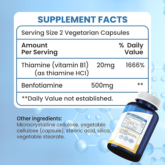 Vitamin B1 500mg 120 Caps Non-GMO &amp Vegan &amp Gluten-Free with Benfotiamine(2 Bottles)