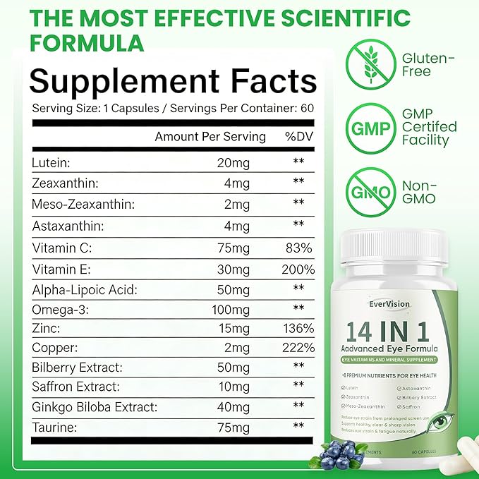 14 in 1 Advanced Eye Formula Eye Supplement with Lutein Zeaxanthin Vision &amp Focus Suitable for Adults and Seniors Support 60 Capsules (1)