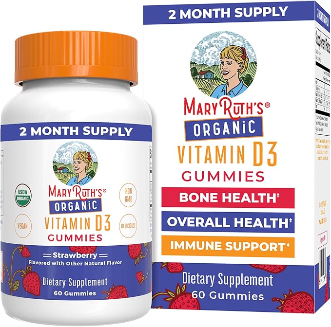 MaryRuth's Organic Vitamin D3 Gummies | 1000 IU | USDA Organic | Immune Support| Bone Health | Muscle Function | for Adults &amp Kids Ages 2+ | Vegan | Gluten Free | 2 Month Supply | 60 Count