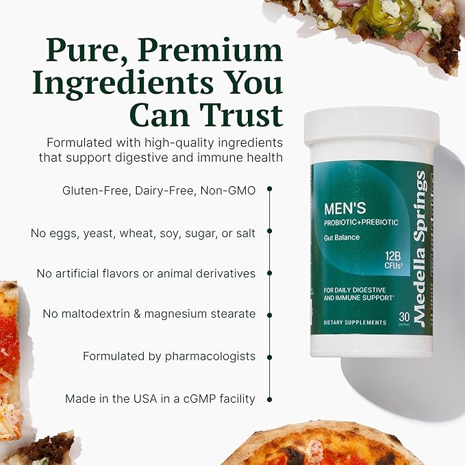 Men’s Probiotic + Prebiotic – 4 Probiotic Strains with Prebiotic Power – Probiotics for Men with 12 Billion CFUs - Non-GMO Digestive &amp Immune Support Supplement - Made in the USA – 30 Veggie Capsu