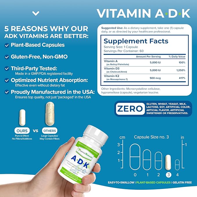 Power By Naturals ADK Vitamin Supplement – High Potency Blend of Vitamin A D3 5000 IU &amp K2 MK7 for Bone Health – Vitamin A D K Supplement – 60 Capsules (2 Month Supply)