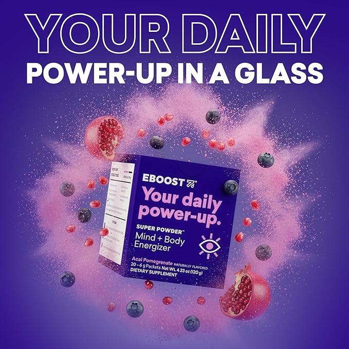 EBOOST SUPER POWDER Drink Mix - Acai Pomegranate 0.2 oz 20 Pack Hydration Energizer Electrolytes Powder - 13 Vitamins &amp Minerals - 110 mg Caffeine - 0 Added Sugar - No Artificial Flavors or Sweete