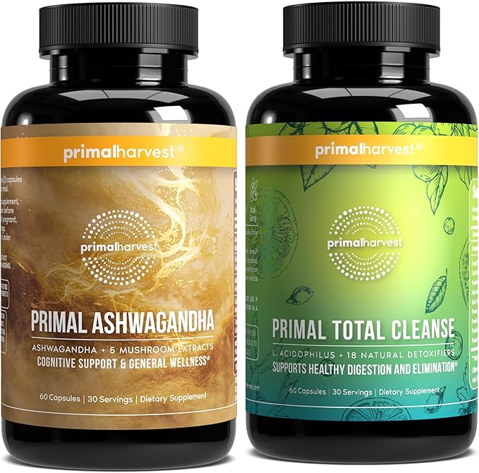 Primal Harvest Daily Two-Step Routine | Ashwagandha + Total Cleanse | 2 Pack | 30 Day Supply