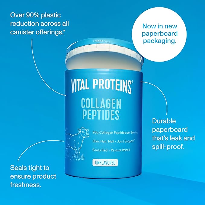 Vital Proteins Grass Fed Collagen Peptides Powder Supports Hair Skin Nails Bones and Joints Health Hydrolyzed Peptides - Zero Sugar Unflavored 20oz
