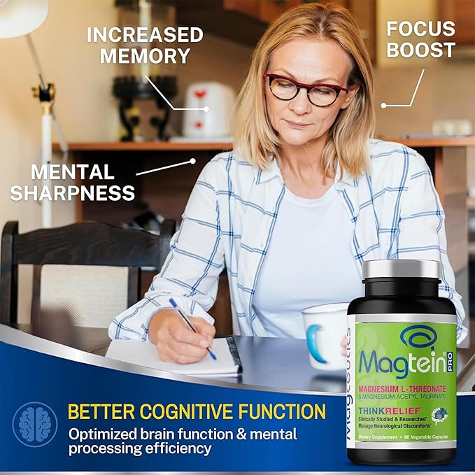 MagteinPRO - Magnesium L-Threonate &amp Mag Acetyl Taurinate Supplement Memory Sleep &amp Brain Health Formula for Men &amp Women Cognitive Support for Adults Clinically Studied- 90 Veg Capsule
