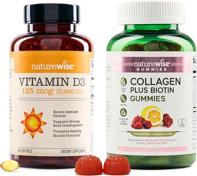 NatureWise Vitamin D3 5000IU (125mg) 360-Count + Collagen Gummies with Biotin &amp Vitamin C E 60-Count - Bundle for Immune &amp Bone Hair Skin Nails Support - Gluten Free Soy Free Non-GMO