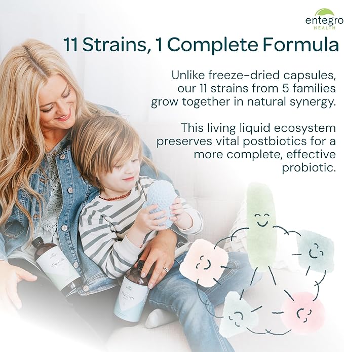 ENTEGRO Flourish Original Liquid Probiotic &amp Postbiotic Supplement - Glass | 11 Live Cultures | Gut &amp Digestive Health for Women Men &amp Kids | Organic Vegan Allergen Free | USA Made | 16
