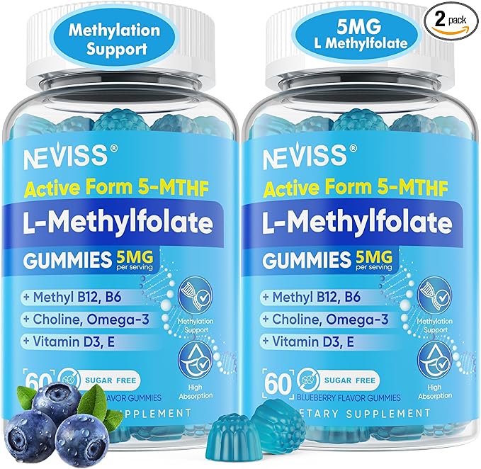 L Methylfolate Gummies &amp Methyl B12 Active 5-Mthf Methylated Folate 5mg Supplement for Women Men w/Methyl B ComplexCholineMagesiumOmega-3Methyl Folate for MethylationFocusMoodSugar Free2P