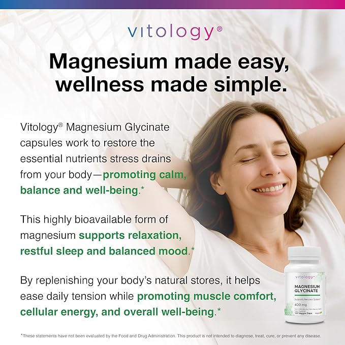 Magnesium Glycinate 400mg | TRAACS® Chelated Form for Calm Sleep Muscle &amp Nerve Support | Gentle on Stomach | 120 Veggie Capsules